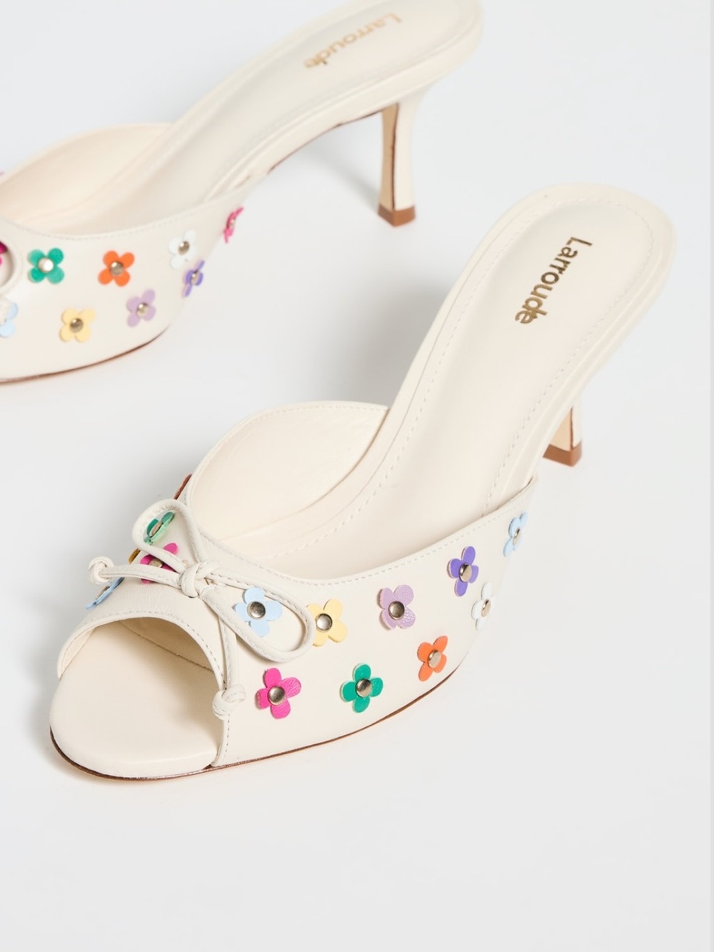 Larroude Cream Slide Mules, Multicolor Flower Studs &Bow sz 7.5 nwot